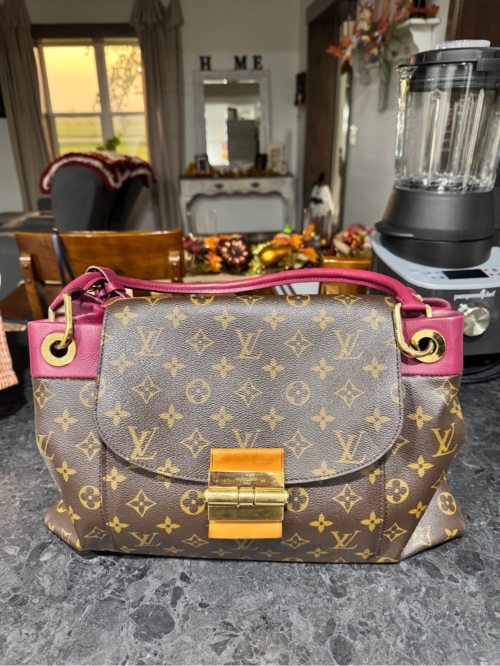 Louis Vuitton Brown Monogram Shoulder Bag with Pink Trim